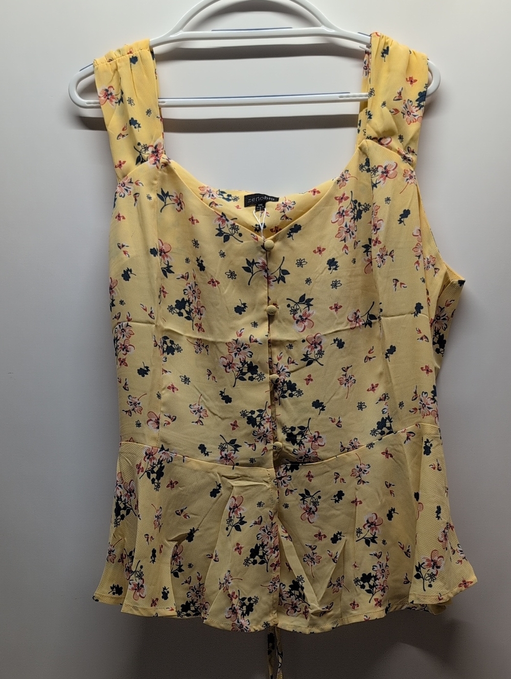 Zenobia TEEN PLUS AND ADULT Yellow Floral Button-Front Peplum Camisole
